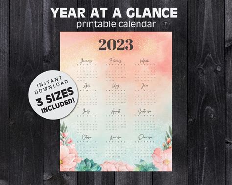 2023 Printable Calendar Year At A Glance Watercolor Roses At A