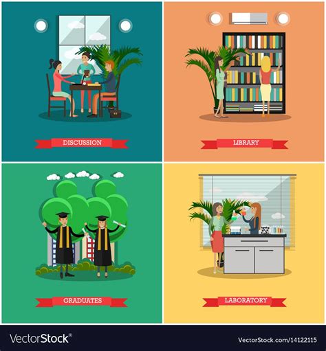 Vector Set Of University Posters Discussion Library Graduates And