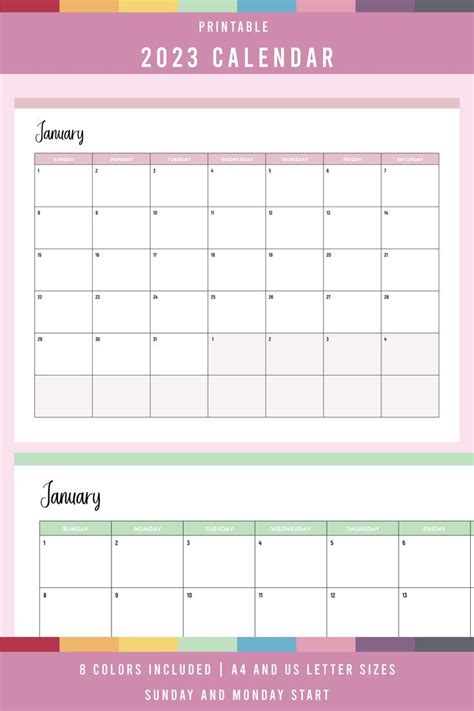 Printable 2023 Calendar Available In 8 Colors Monthly Calendar Monthly