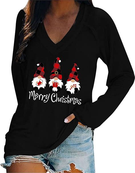Christmas V Neck Shirts For Women Cute Plaid Print Blouse Autumn Long Sleeve Casual Relaxed Fit