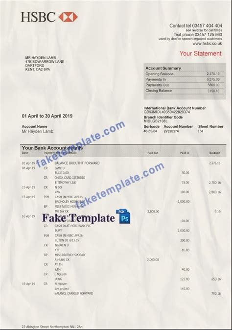 A bank statement is an official summary of financial transactions occurring within a given period for each bank account held by a person or business with a financial institution. HSBC Bank Statement Template Psd - Fake Template