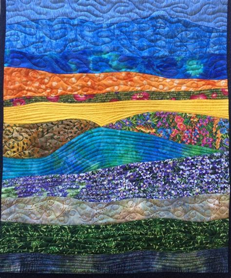 Art Quilt Abstract Landscape With Flowers Quilted Wall Hanging Fiber