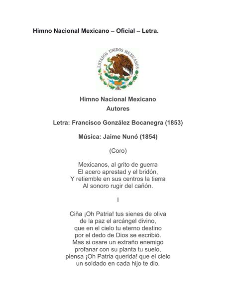 Himno Nacional Mexicano Letra Letra Completa Del Himno Nacional My