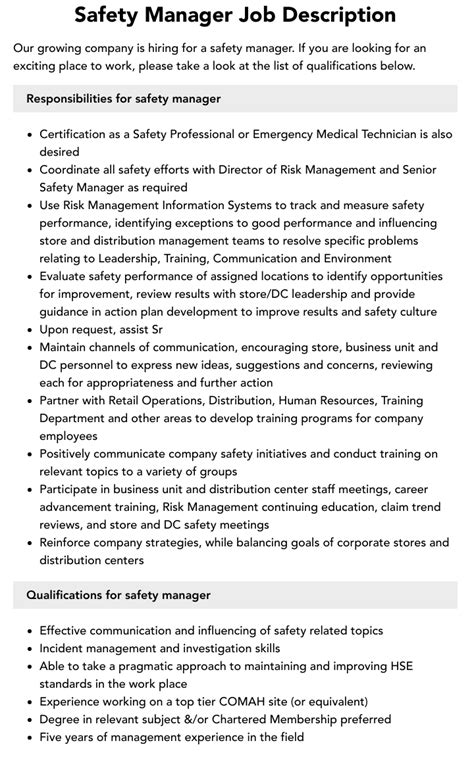 Safety Manager Job Description Velvet Jobs