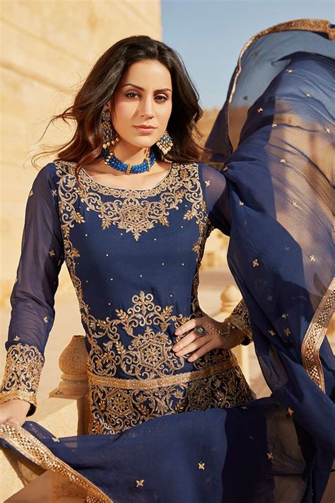 Navy Blue And White Embroidered Punjabi Suit Shopperboard
