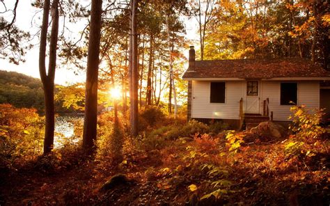 White Cottage Autumn Landscape Wallpaper Preview