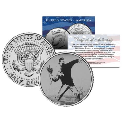 Rage, flower thrower, by the artist banksy is a painting of a man wearing a kerchief and baseball cap throwing a bouquet of flowers. BANKSY - FLOWER THROWER - Colorized JFK Half Dollar U.S ...
