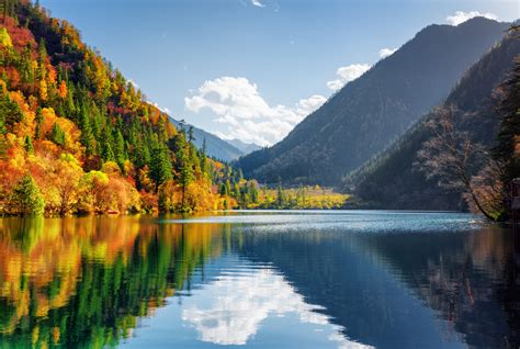 Amazing View Of The Panda Lake Among Colorful Fall Forest At The Rize