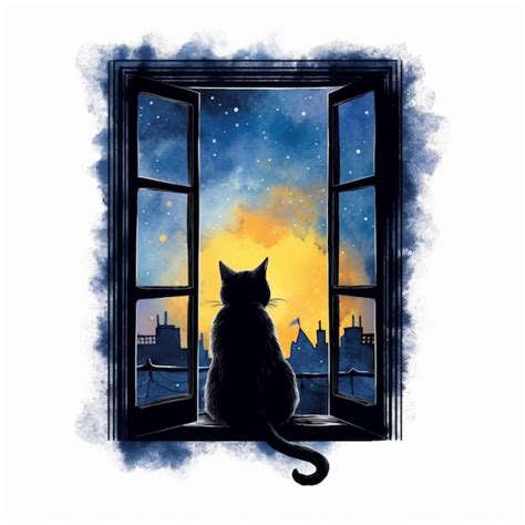 Premium Photo A Drawing Of A Cat Looking Out Of A Window At A City