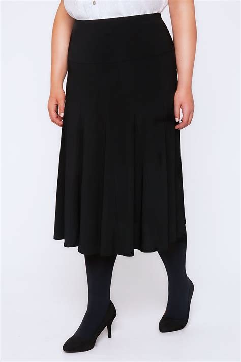 Black Midi Fit And Flare Panelled Skirt With Elasticated Waist Plus Size