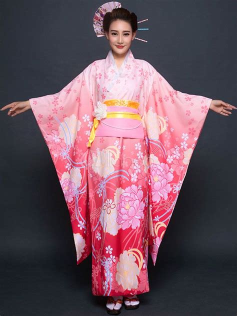 Red Floral Print Matte Satin Kimono For Women Japanese Traditional