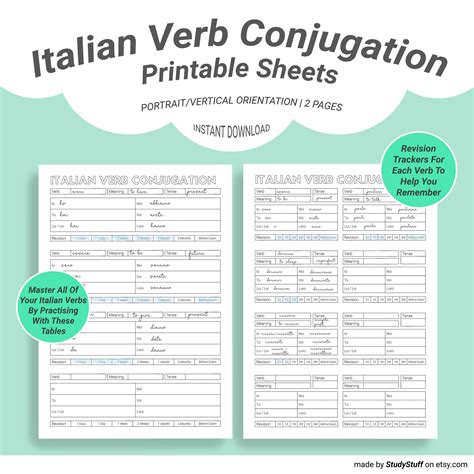 Italian Language Verb Conjugation Practice Worksheets Etsy