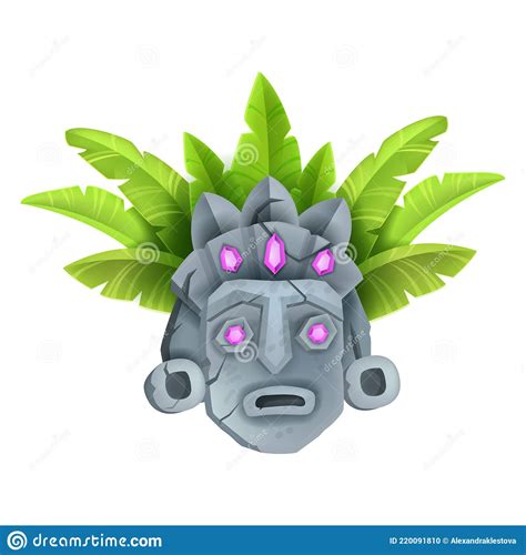 Ancient Stone Tiki Mask Vector Tribal Totem Face Hawaii Tropical Idol Illustration Jewels