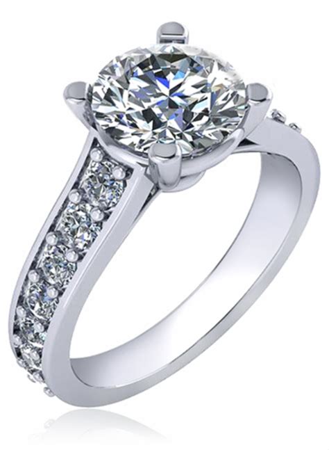 The two sides of the ring shank lift up the diamond together while a bridge of metal joins the sides beneath the head of diamond. Isabella 2 Carat Round Four Prong Graduated Pave Cathedral ...