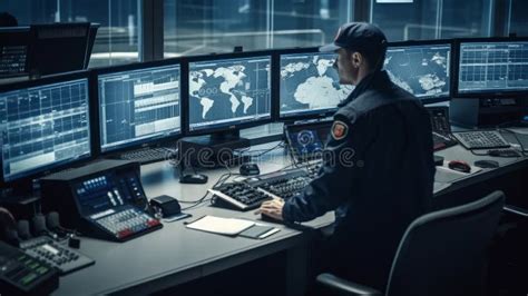 In The Security Control Room Officer Monitors Multiple Screens Generative Ai Stock Illustration