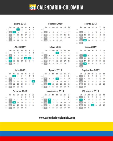 📅🇨🇴 Calendario 2019 Colombia