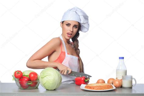 Sexy Female Chef Holding A Knife With Expression Stock Photo By