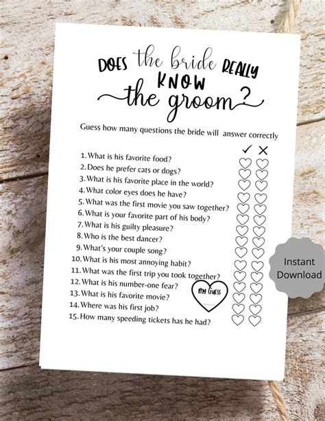 Does The Bride Really Know The Groom Bridal Shower Game Printable Pdf Bride And Groom Party