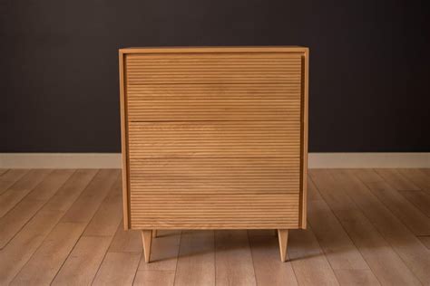 Mid Century Modern Solid Wood Slatted Highboy Storage Dresser Chest At