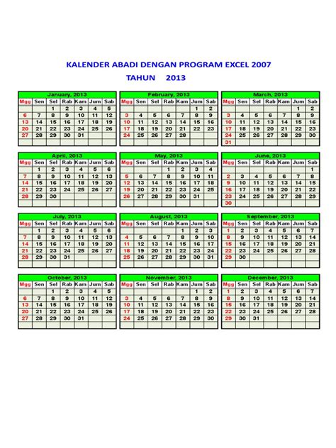 Kalender Abadi Dengan Program Excel 2007 Tahun 2013 Mgg Mgg Mgg Pdf