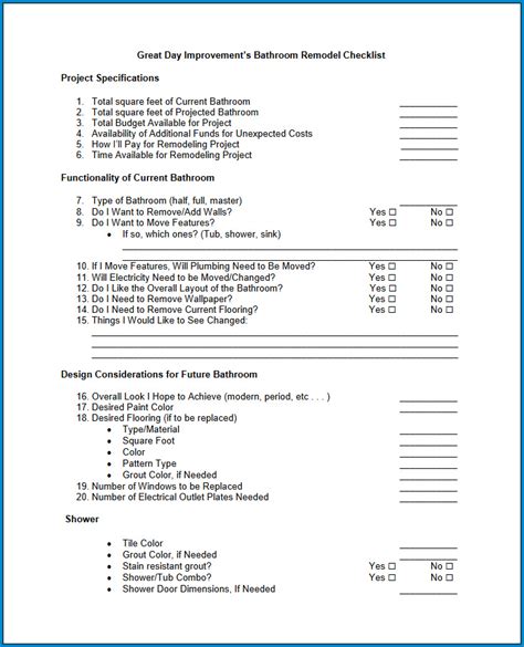 Printable Bathroom Remodel Checklist Template