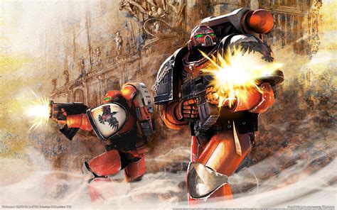 Two Orange Robots Digital Wallpaper Warhammer 40000 Space Marines