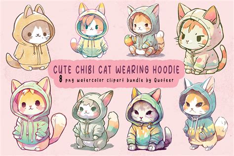 Cute Chibi Cat Wearing Hoodie Watercolor Graphic By Quoteer · Creative
