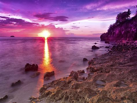 Sunset On A Rocky Beach In Magenta Hdr Hd Wallpaper 601780