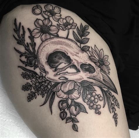 #la dispute #tattoo design #traditional tattoo #linework tattoo #peonies #jordan dreyer #rose quarts #blackwork #tattoo #pop punk #drawing #illustration. Black and grey crow skull with wildflowers. blackwork ...