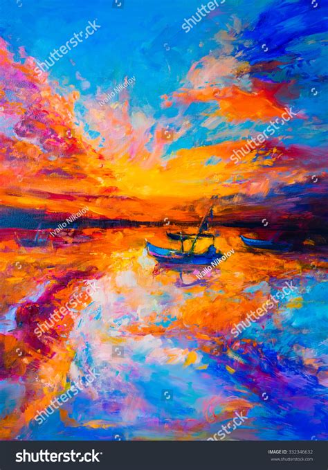 Original Oil Painting On Canvas Boats Sunset And Sea