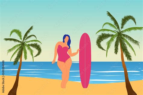 Tropical Landscape Sea Landscape Summer Background Girl With Surfing Board Flat Style