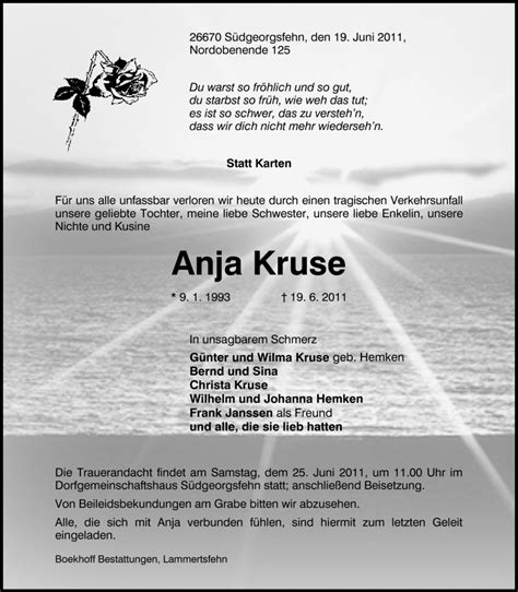 Traueranzeigen Von Anja Kruse Nordwest Trauerde