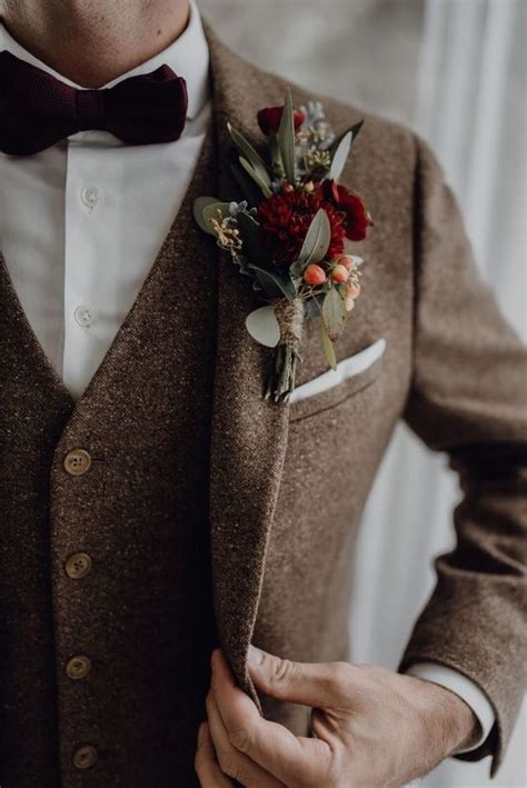 A Brown Tweed Three Piece Suit A White Button Down A Burgundy Velvet