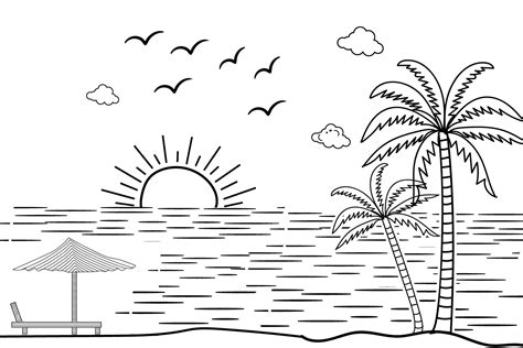 Summer Sunset Tropical Beach Line Art Vector Illustrationhand Drawn