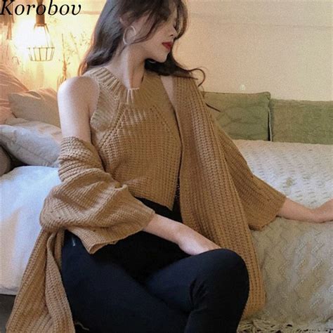 Korobov Korean New Loose Casual Women Sweaters Vintage Long Pcs Set