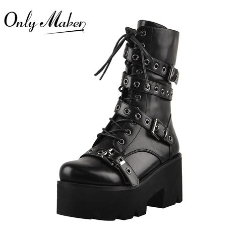 Onlymaker Womens Black Platform Lace Up Ankle Boots Matte Rivet