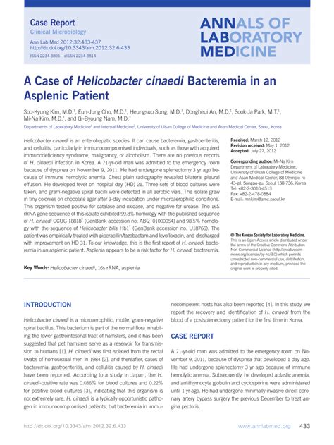 Pdf A Case Of Helicobacter Cinaedi Bacteremia In An Asplenic Patient