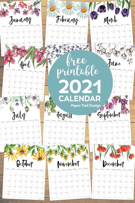Print the calendar starting the week on monday or sunday. 2021 Free Printable Calendar - Floral | Paper Trail Design