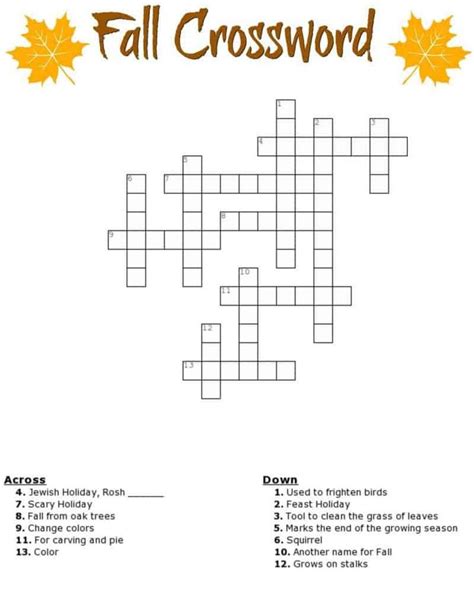 Free Fall Crossword Puzzle Printable Worksheet Available With And