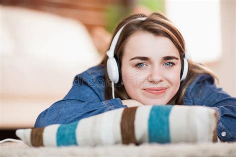 Pretty Woman Listening Music Lying On The Floor Stock Image Image Of