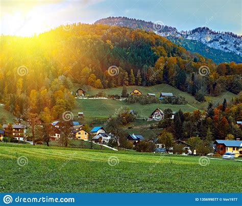 Scenic View Of Beautiful Sunrise In Austrian Alps In Hallstatt