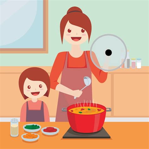 Mamá Y Niño Cocinando Juntos Ilustración Vector Premium