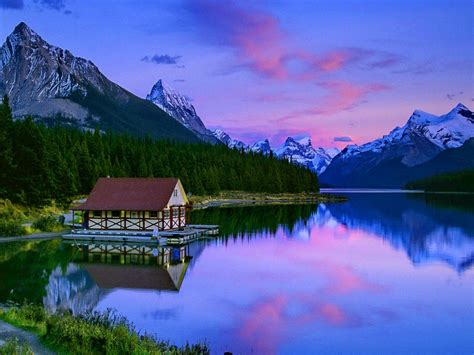 Cabin On Mountain Lake At Sunset Hd Wallpaper Background Image