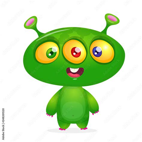 Cartoon Character Funny Alien With Thee Eyes Vector Illustration