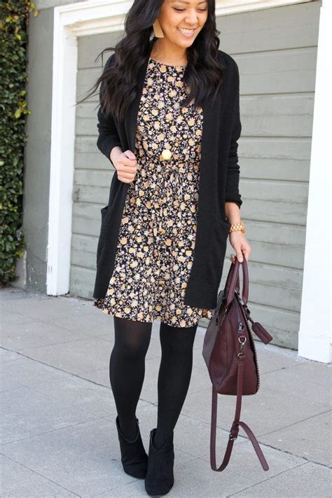 Black Floral Dress Black Cardigan Tights And Booties Outfit Low View