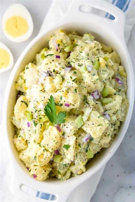 Most potato salad recipes combine cooked potatoes, chopped onion, and other vegetables, sometimes eggs, and some type we all have our favorite potato salad, but it's fun to try something a little different. Easy All-American Potato Salad Recipe - Jessica Gavin