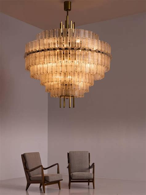 Pair Of Very Large Circular Chandeliers In Brass And Structured Glass