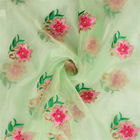 Buy Green Organza Fabric With Pink And Golden Flower Embroidery 50082