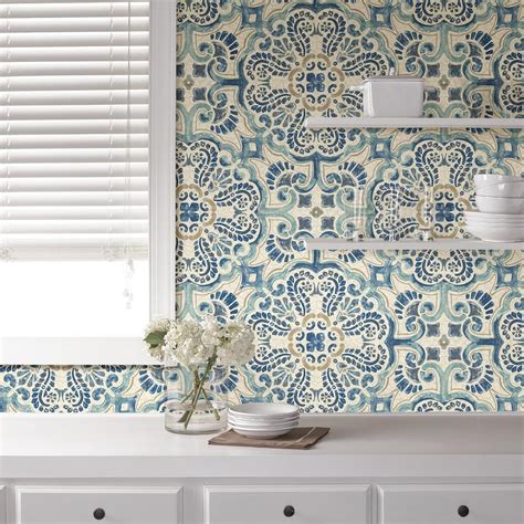 I spent months deliberating over and read the directions: NuWallpaper Blue Florentine Tile Peel and Stick Wallpaper ...