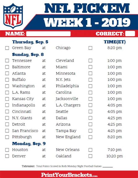 Picking all the week 17 games against the spread. Printable NFL Week 1 Schedule Pick em Pool 2019 | Nfl week ...